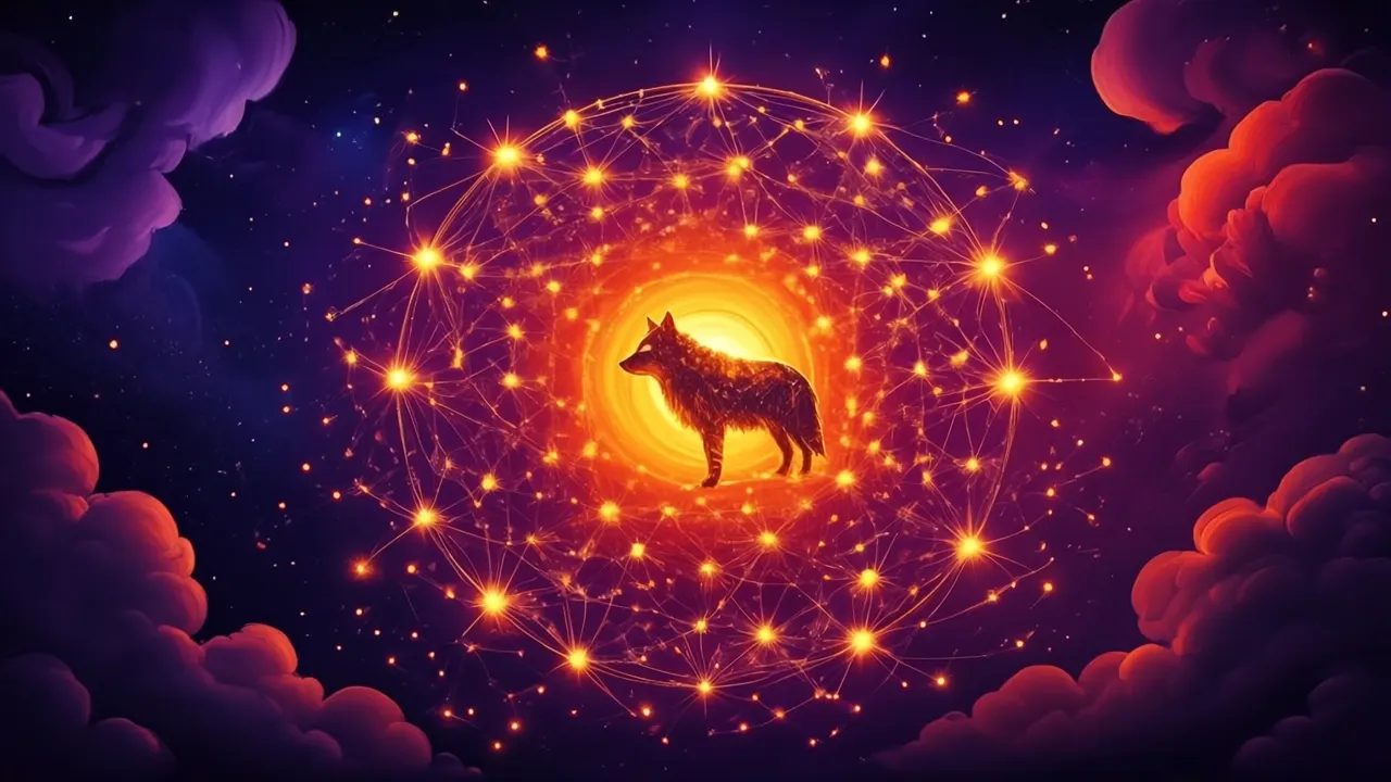 ASI:One 2030 — a wolf at the centre of a glowing globe woven from connected light-nodes