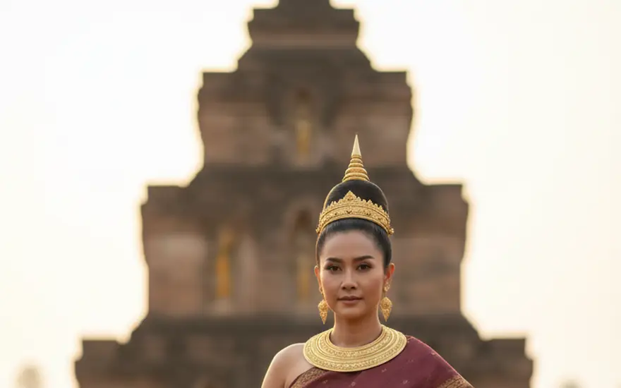 AI-reconstructed portrait of Queen Camadevi in front of a Hariphunchai-era stupa