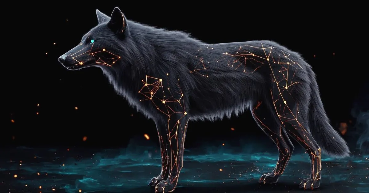 The Den — a wolf traced in ember constellations against the dark