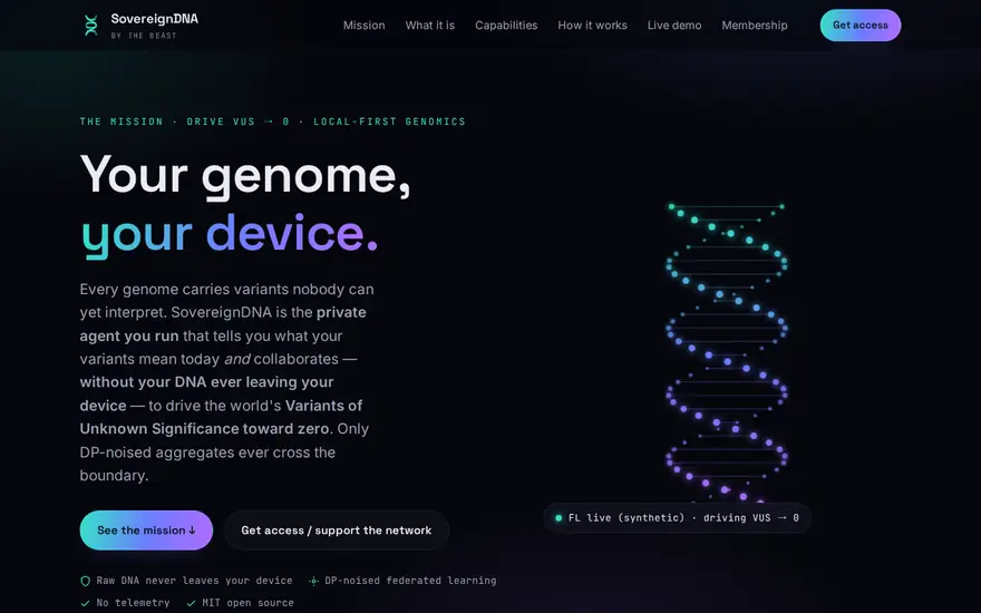 SovereignDNA homepage — “Your genome, your device.”